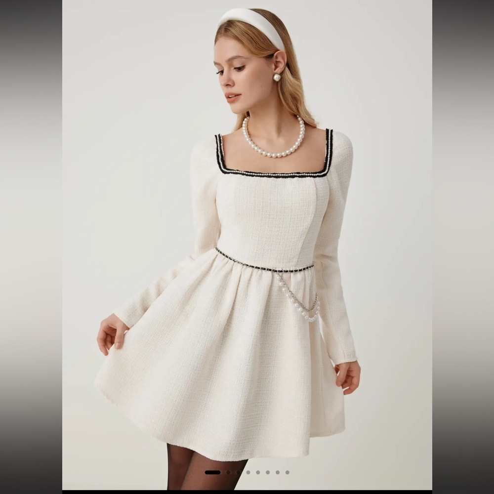 Cider TWEED SQUARE NECK LONG SLEEVE RUFFLE MINI DRESS
